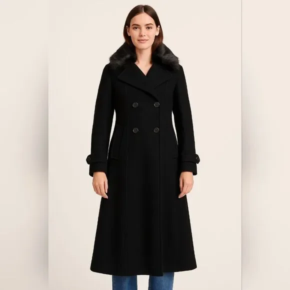 Sisley Black Wool Maxi Coat Faux Fur Collar 44 Italycore Dark Academia Gothic Wh
